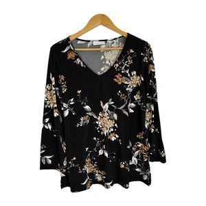Susan Graver Black Floral Long Sleeve V-neck Top, LP, Pre-owned